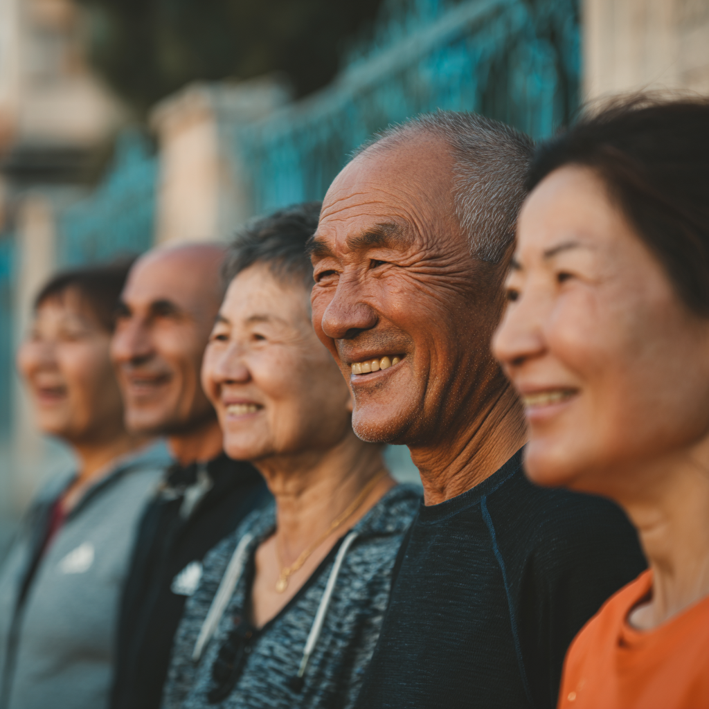 Group of motivated Uzbek people celebrating their fitness achievements together